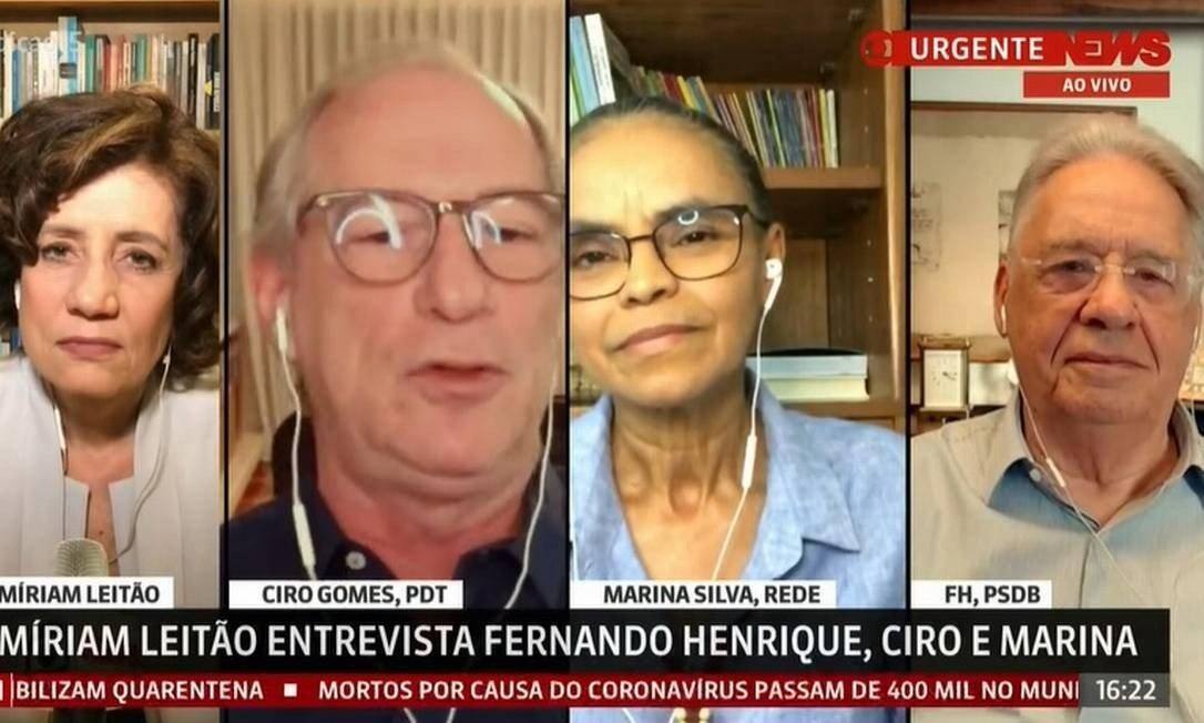 Ciro, Marina e FHC participaram de debate neste domingo (7) com a jornalista Miriam Leitão