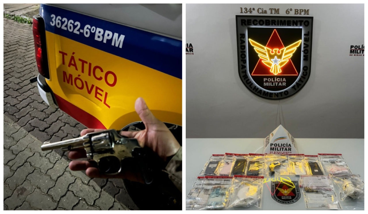 Arma calibre .32, celulares e drogas apreendidos durante ação da PM em Governador Valadares