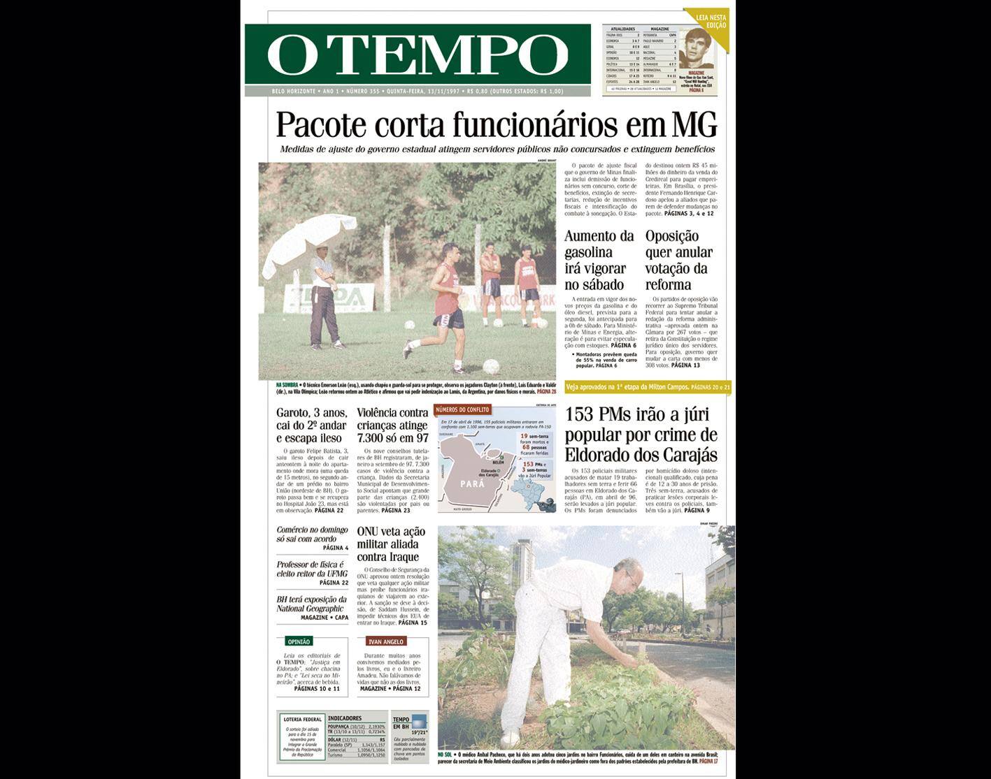 ALT Capa do jornal O TEMPO no dia 13111997; resgate do acervo marca as comemorações dos 25 anos da publicação
