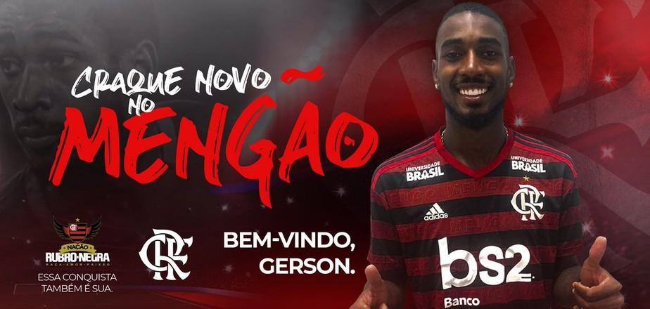 Gérson é o novo reforço do Flamengo, que anunciou o jogador por meio de suas redes sociais