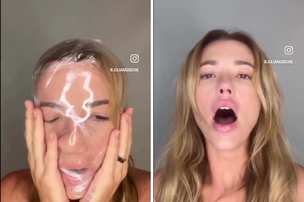 A atriz Juliana Didone repercutiu novamente nas redes após recitar um poema usando um plástico em sua cara