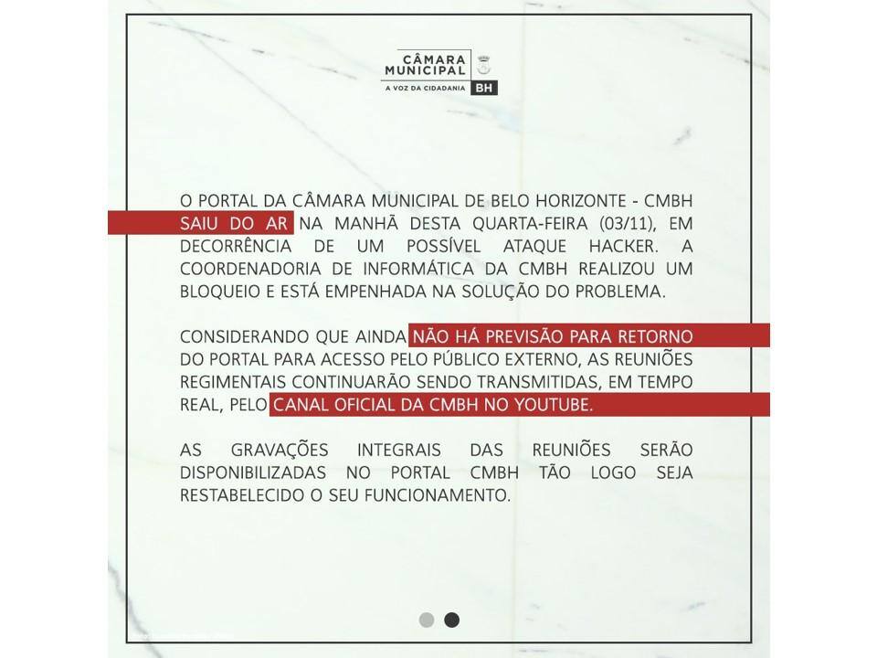 Câmara de BH afirmou que portal da Casa pode ter sofrido ataque hacker