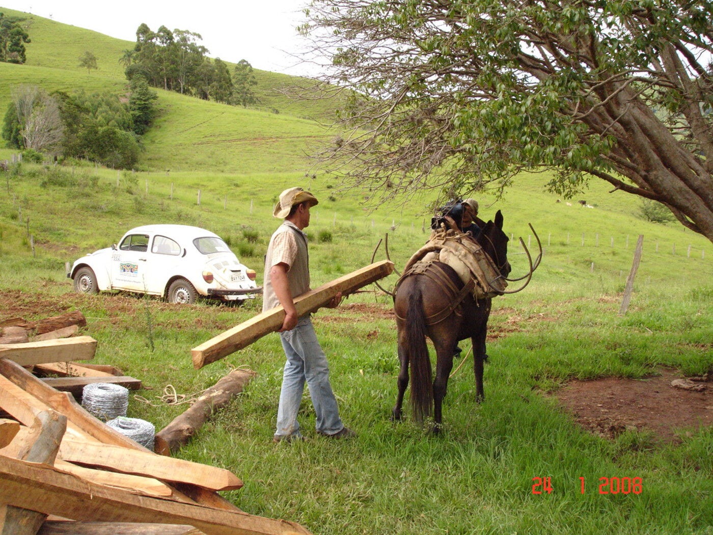 O material para cercar a primeira nascente subiu montanha no lombo de uma mula
