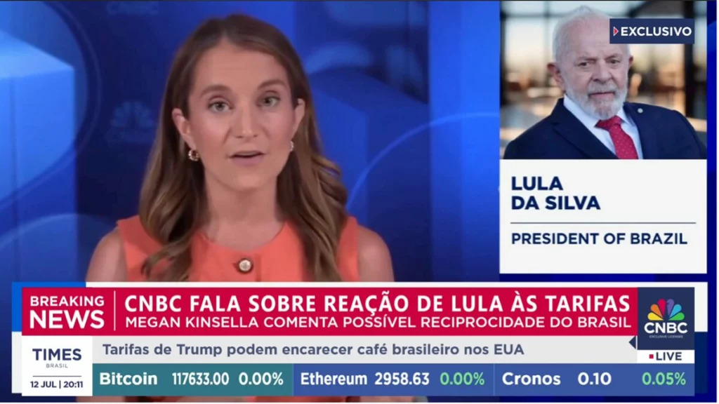 Cobertura pela CNBC do tarifaço dos Estados Unidos sobre o Brasil e sua repercussão