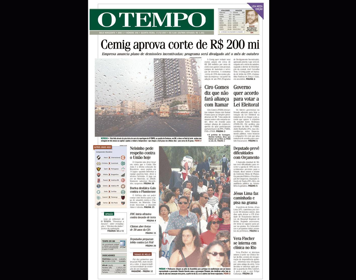 Capa do jornal O TEMPO no dia 17.9.1997; resgate do acervo marca as comemorações dos 25 anos da publicação