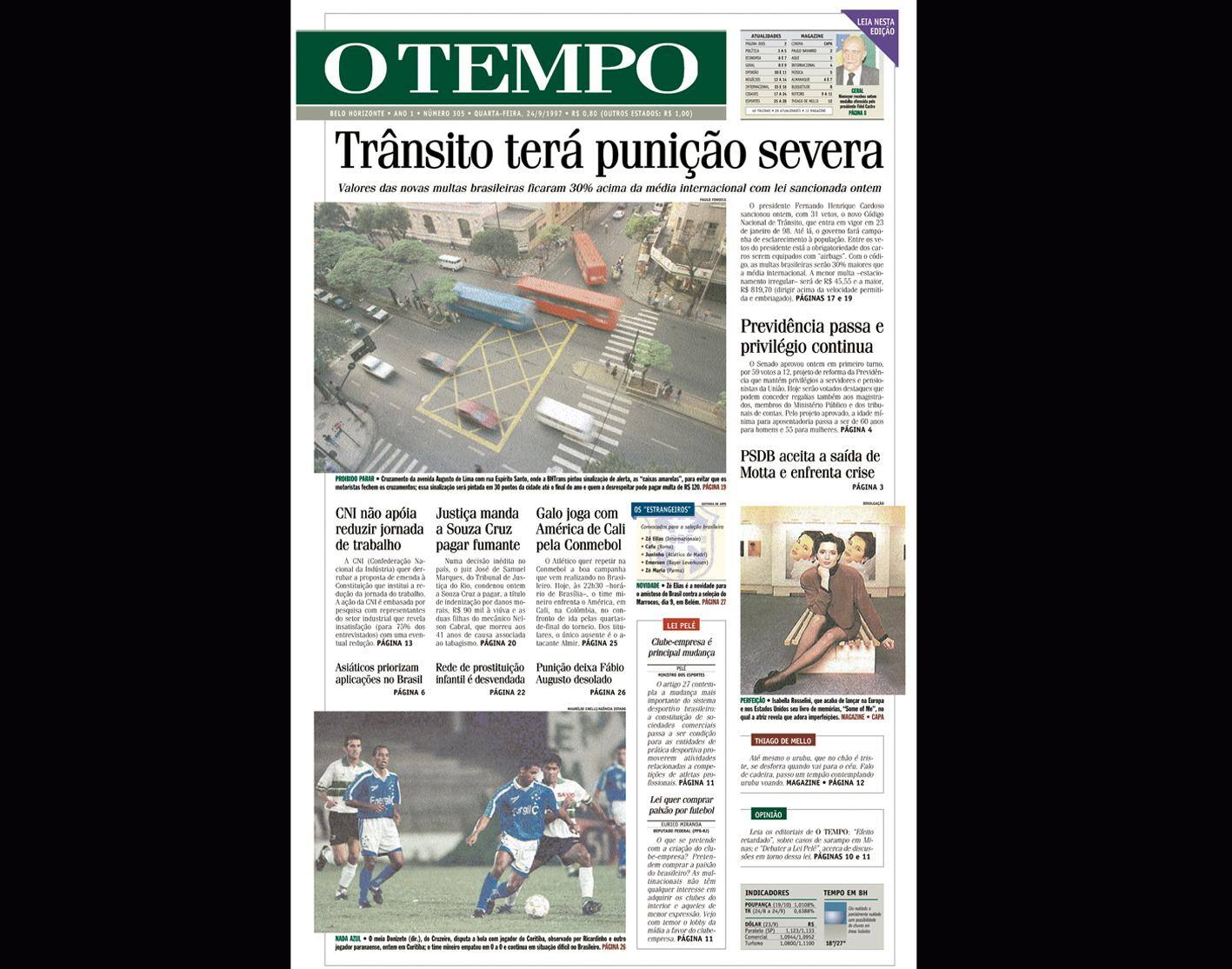 Capa do jornal O TEMPO no dia 24.9.1997; resgate do acervo marca as comemorações dos 25 anos da publicação