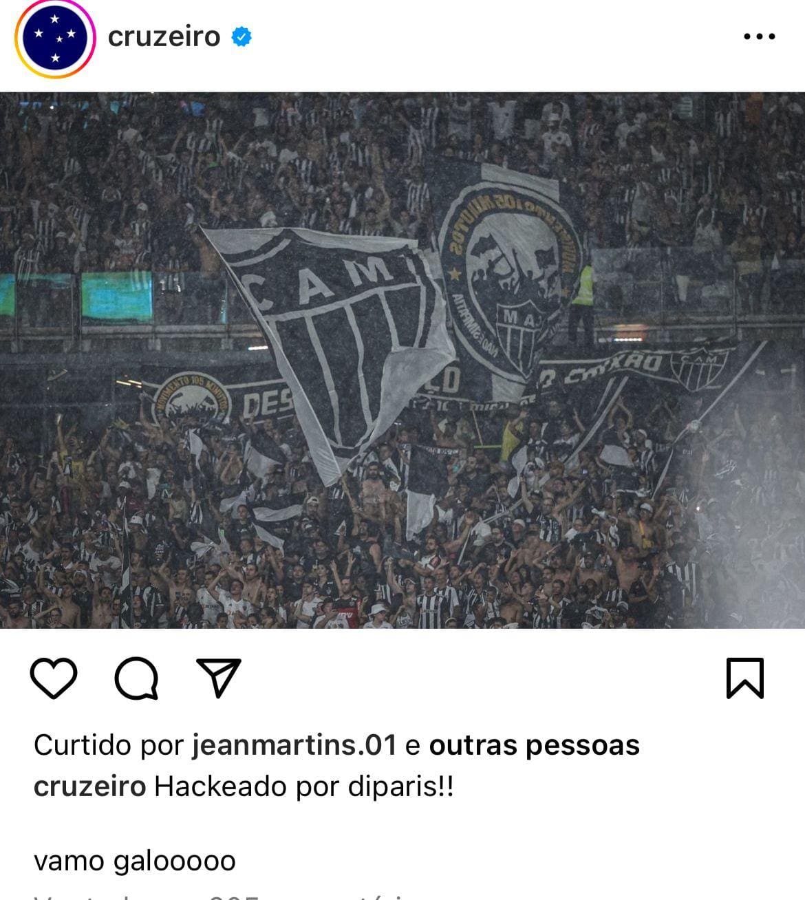 Conta do Cruzeiro no Instagram foi hackeada, com postagem de foto da torcida do Atlético