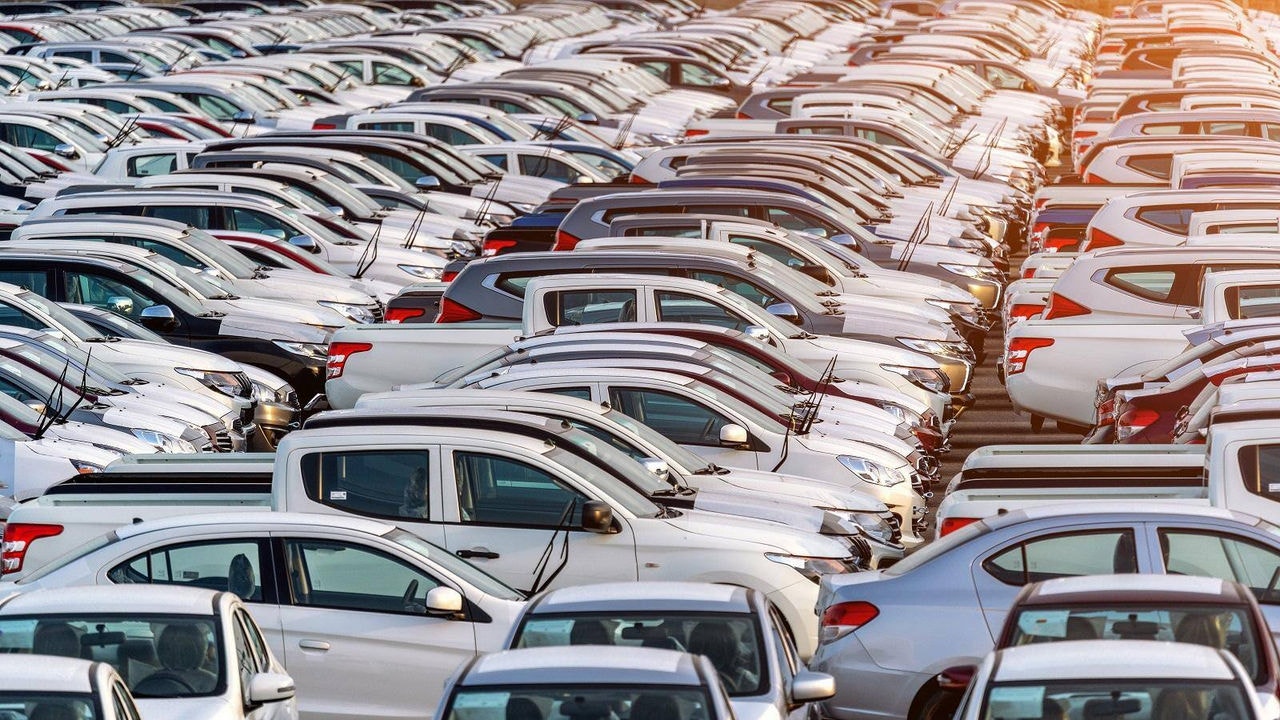 Row of new cars in port