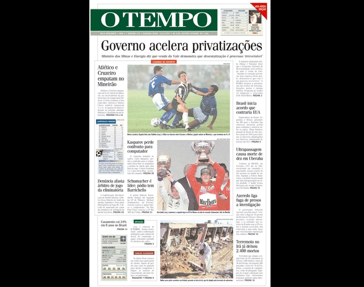 Capa do jornal O TEMPO no dia 1251997; resgate do acervo marca as comemorações dos 25 anos da publicação
