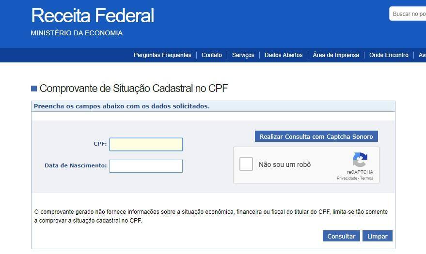 Para checar situação do CPF é preciso acessar site da Receita Federal