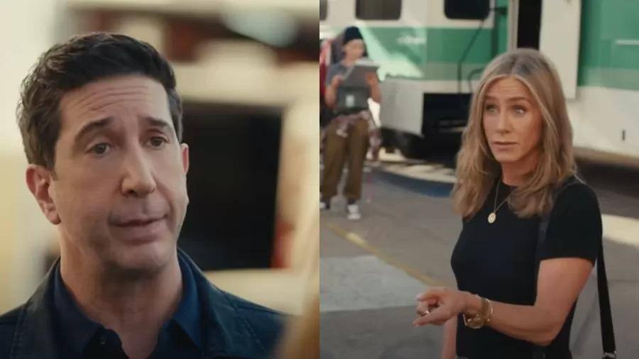 David Schwimmer e Jennifer Aniston em cenas de um comercial