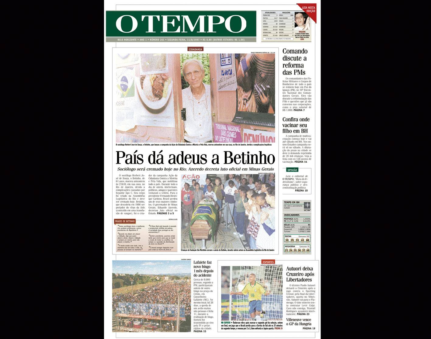 Capa do jornal O TEMPO no dia 11.8.1997; resgate do acervo marca as comemorações dos 25 anos da publicação