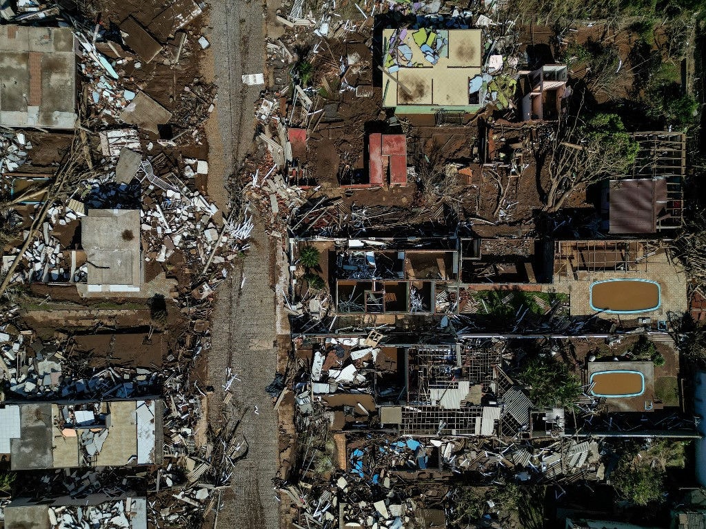 Vista área de Arroio do Meio, após devastação das enchentes no Rio Grande do Sul. Foto de  Nelson Almeida/AFP