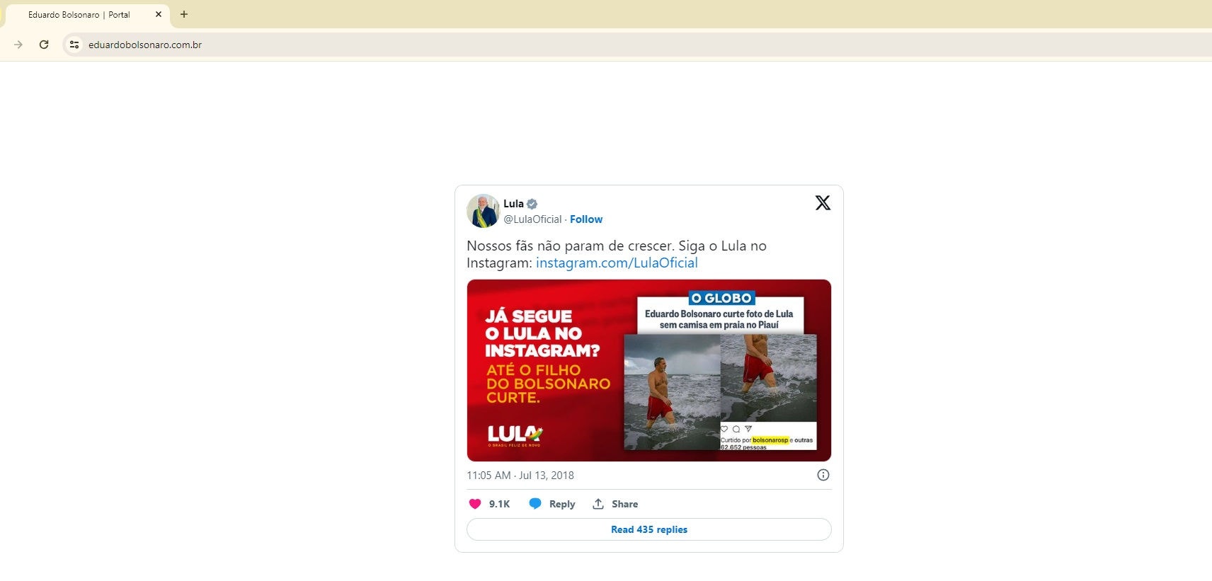 O site de Eduardo Bolsonaro agora conta com uma publicação antiga feita pelo presidente Luiz Inácio Lula da Silva (PT).