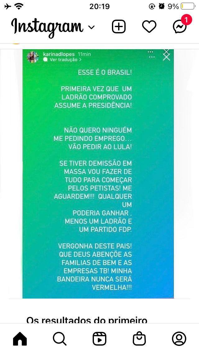Em sua publicação, a coordenadora de RH da Ferreira Costa critica a quantidade de votos recebidos por Lula (PT) no primeiro turno das eleições 2022 e ameaça demitir eleitores do petista