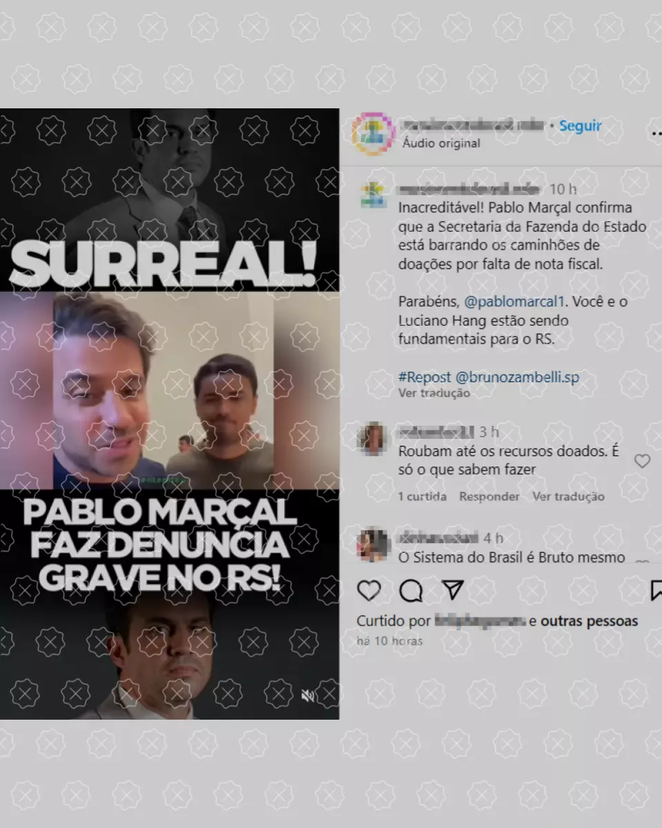 O conteúdo falso foi publicado em diversas versões. Em uma delas, o coach Pablo Marçal, que possui mais de 12,7 milhões de seguidores nas redes sociais, reforça a mentira
