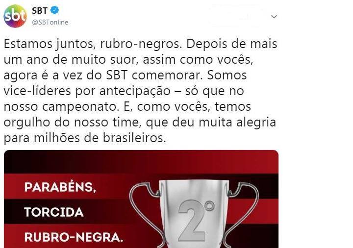 SBT zoa o Flamengo após vice no Brasileirão: 'Como vocês, somos vices'