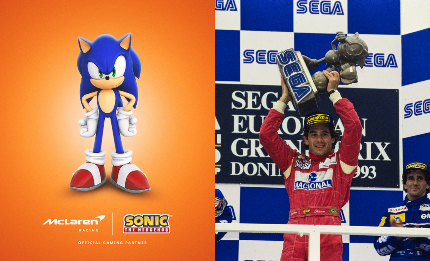 No Grande Prêmio da Europa de 1993, conhecido como Sonic Grand Prix, Ayrton Senna, então piloto da McLaren, venceu a corrida e ergueu o troféu Sonic the Hedgehog no pódio