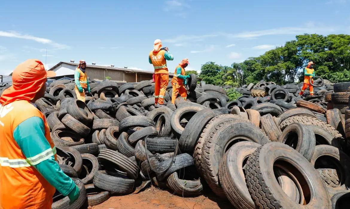 Profissionais limpam área lotada de pneus no Distrito Federal