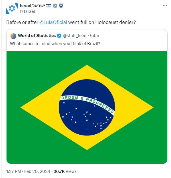 Conta oficial do governo de Israel no X, antigo Twitter, ironiza fala do presidente Lula (PT) relacionando o pais ao Holocausto