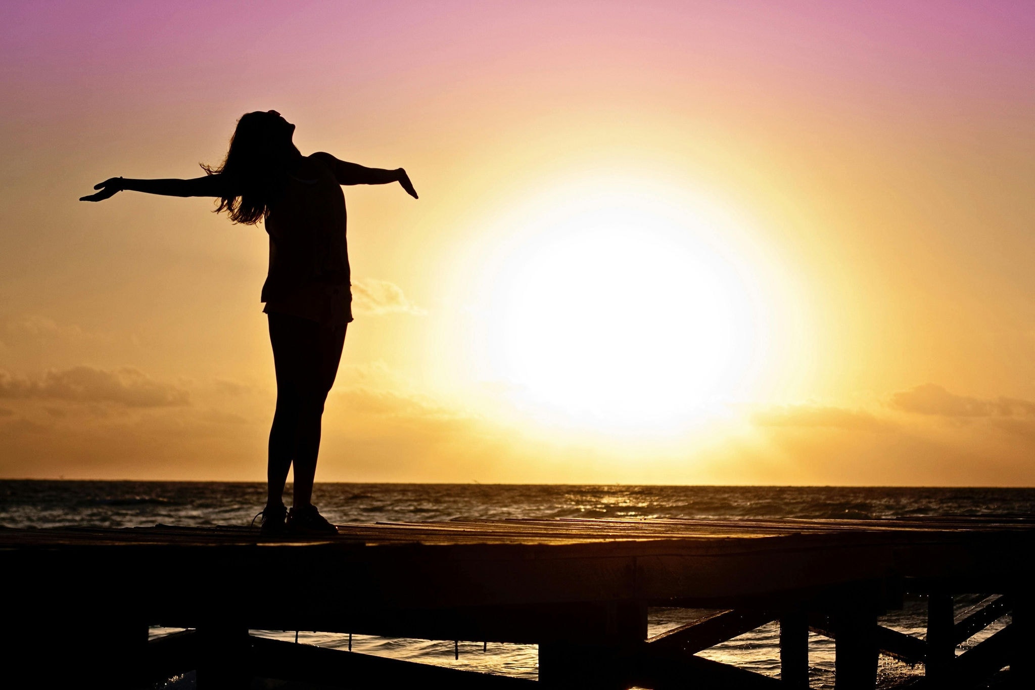 Imagem ilustrativa: mulher brinda à vida de frente ao pôr do sol
