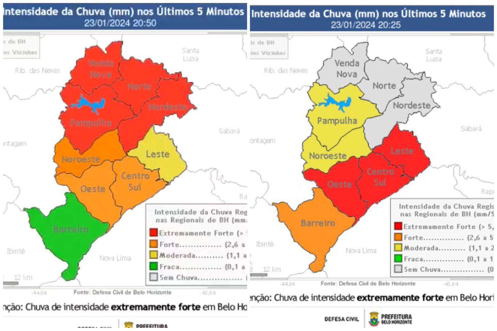 Classificação de chuva extremamente forte é indicada com cor vermelha no mapa de BH
