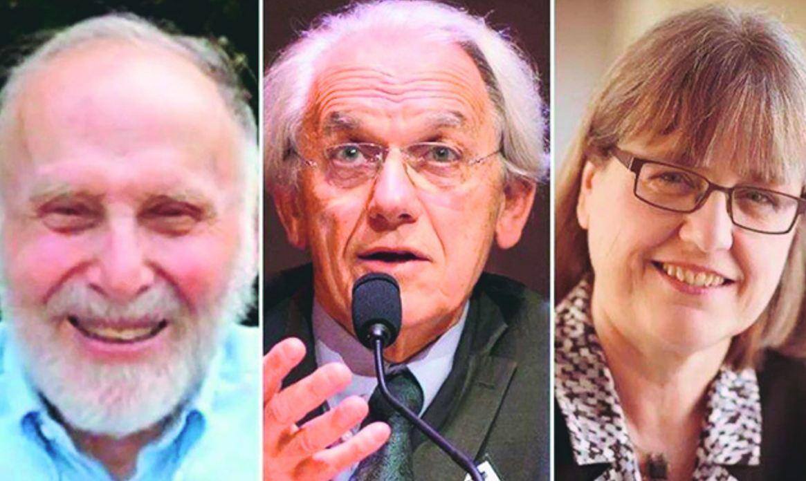 Os laureados Da esquerda para a direita: o norte-americano Arthur Ashkin, o francês Gérard Mourou e a norte-americana Donna Strickland