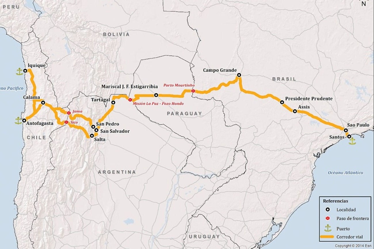 Mapa mostra o traçado do corredor bioceânico