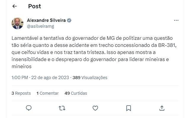 Ministro Alexandre Silveira questiona post do governador Romeu Zema