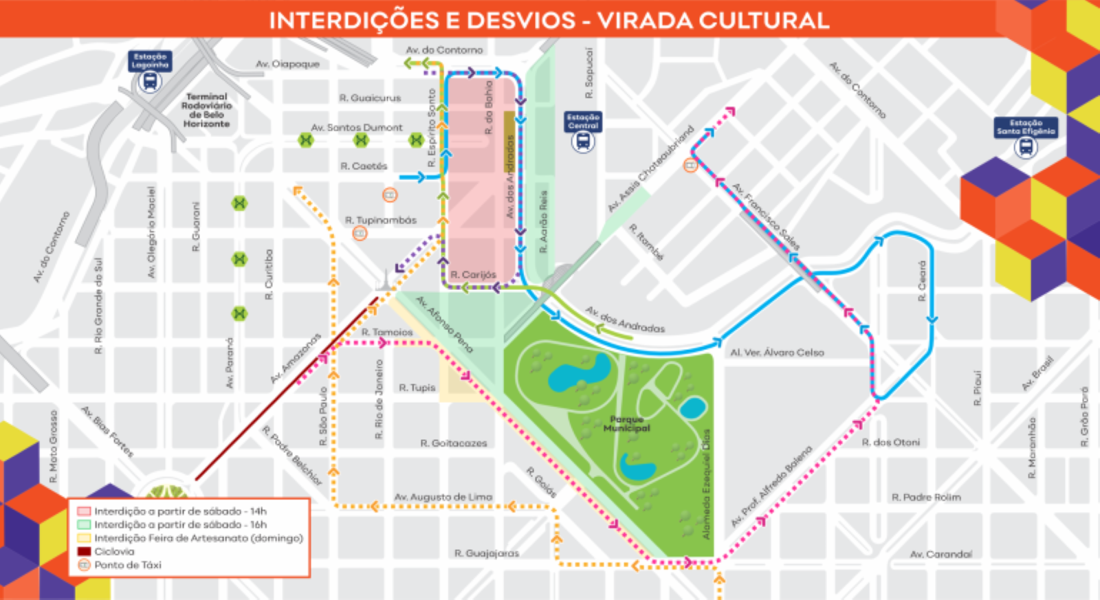 Mapa mostra quais serão as intervenções no centro de BH durante a Virada Cultural