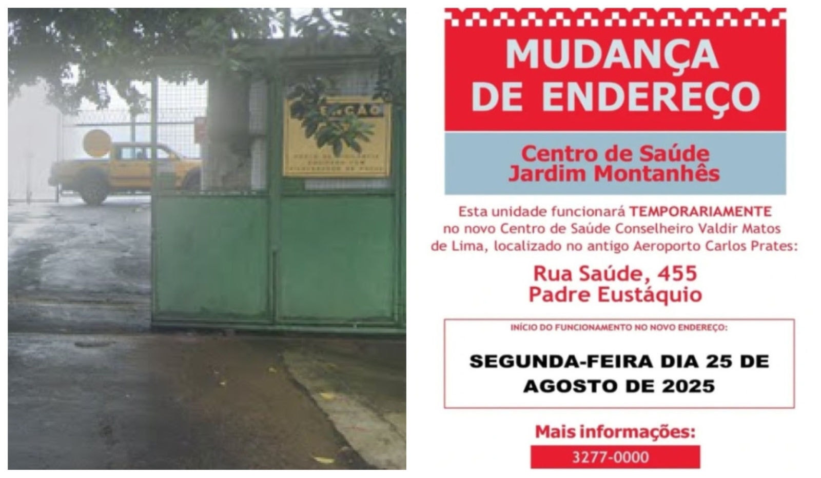 Demandas do Centro de Saúde do Jardim Montanhês serão atendidas no Centro de Saúde Conselheiro Valdir Matos de Lima, no endereço do antigo Aeroporto Carlos Prates