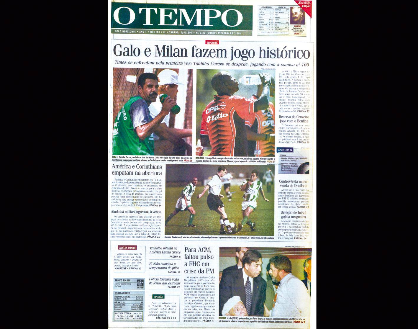 Capa do jornal O TEMPO no dia 2.8.1997; resgate do acervo marca as comemorações dos 25 anos da publicação