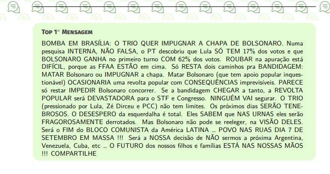 A mensagem mais compartilhada fala de uma suposta articulação de adversários do presidente para impugnar a chapa de Bolsonaro