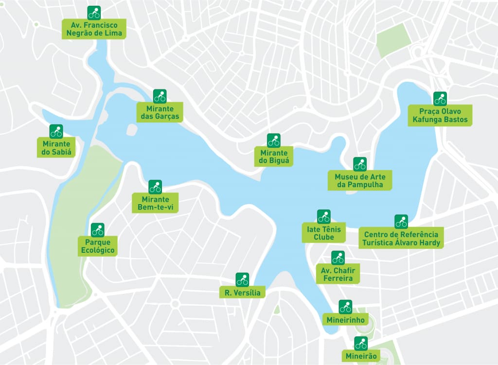 Ao todo, são 14 estações de bike no entorno da lagoa