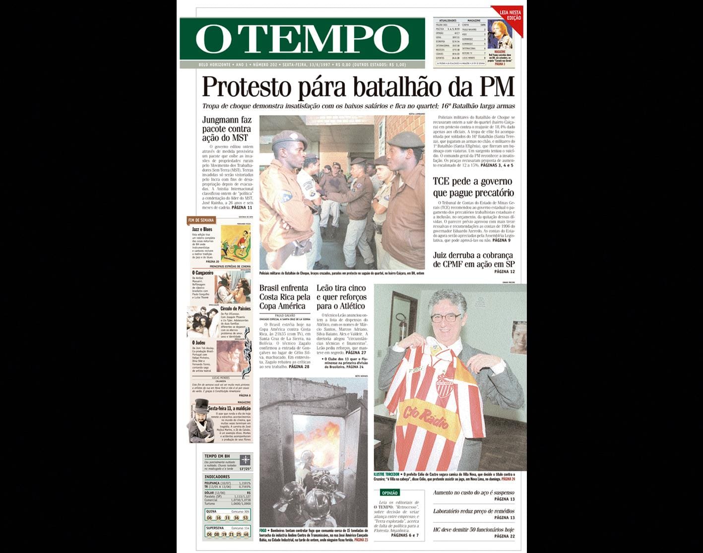 Capa do jornal O TEMPO no dia 13.6.1997; resgate do acervo marca as comemorações dos 25 anos da publicação