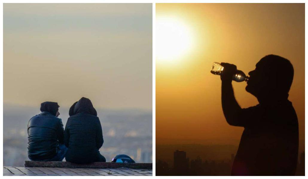 Montagem com duas fotos mostra casal agasalhado em mirante de BH e, ao lado, homem bebendo água com forte sol ao fundo