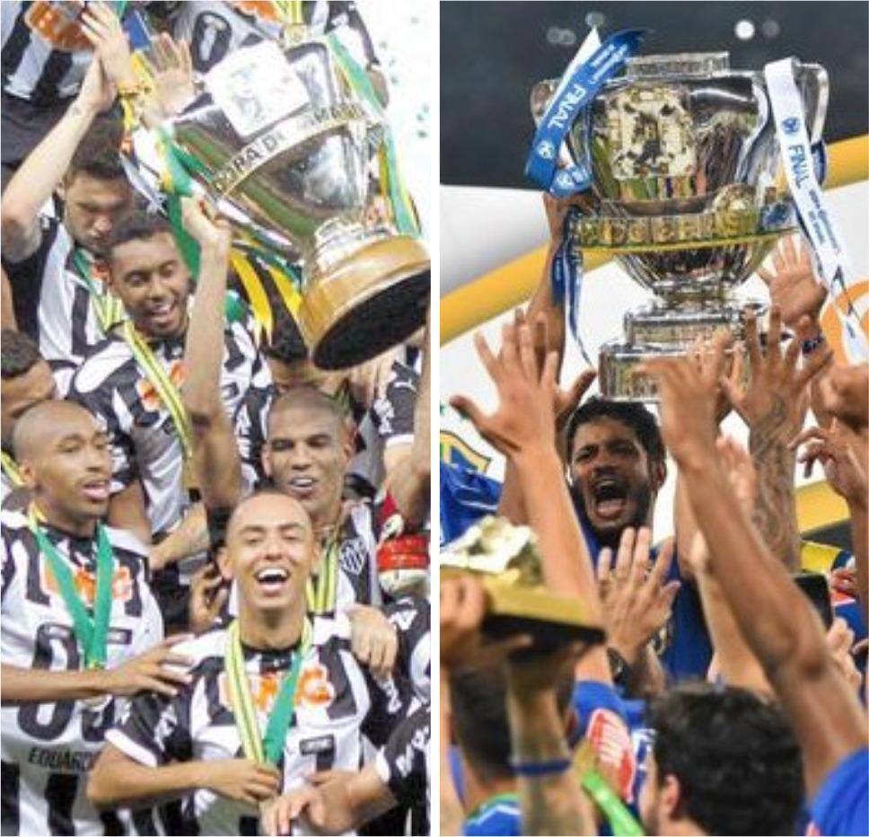 Montagem mostra jogadores de Atlético e Cruzeiro levantando a taça de campeão da Copa do Brasil