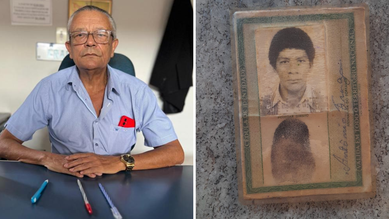 À esquerda, Antônio Fraga; à direita, a identidade dele com outra foto 3x4 colada