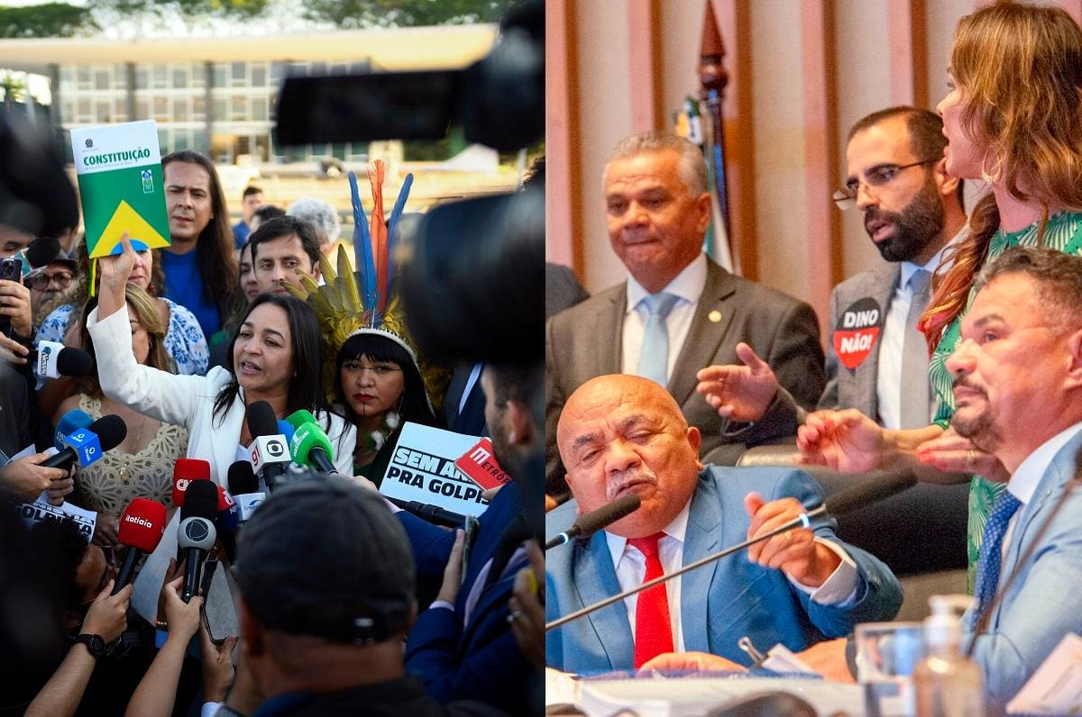 À esquerda na foto, o final da CPMI do 8/1 no Congresso Nacional; à direita, a CPI dos Atos Antidemocráticos na CLDF