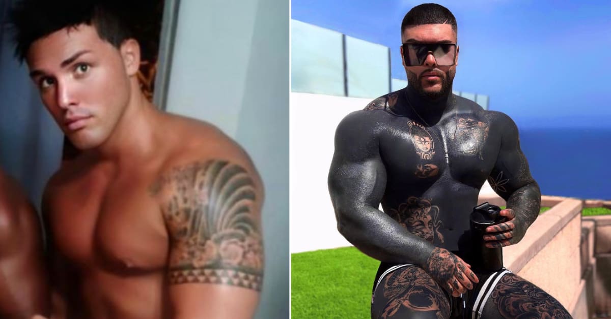 À esquerda, Alberto com 22 anos, quando fez a primeira tatuagem; à direita, ele parece aos 32 já com grande parte do corpo coberto
