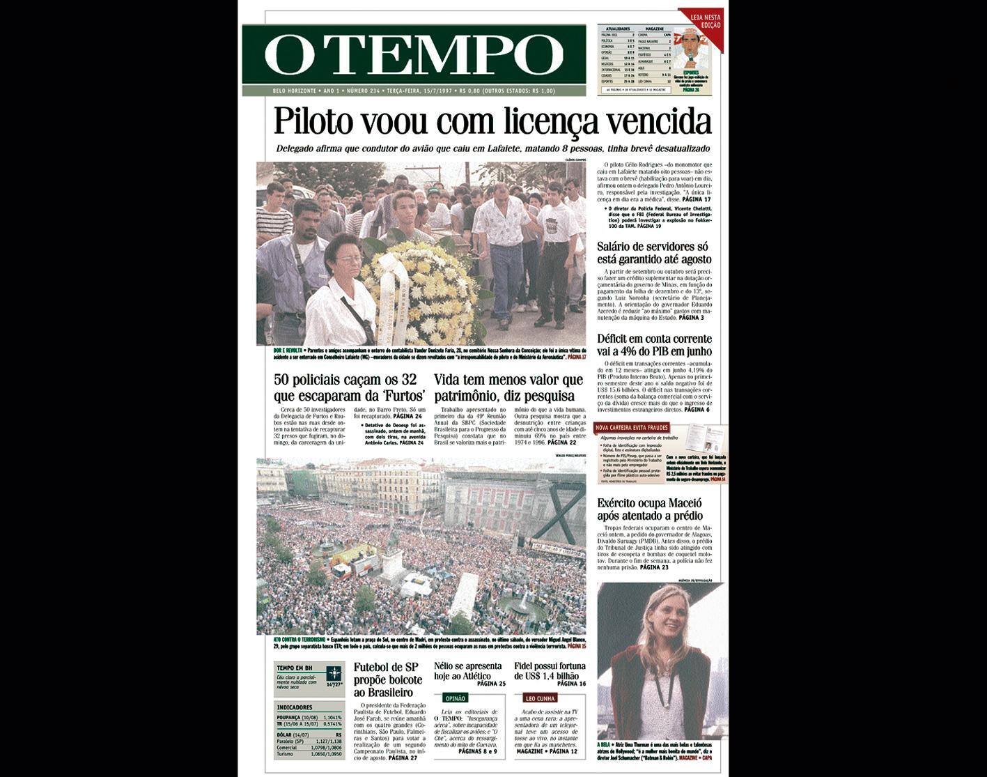 Capa do jornal O TEMPO no dia 15.7.1997; resgate do acervo marca as comemorações dos 25 anos da publicação