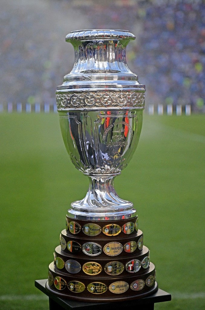 The Conmebol Copa America tournament trophy is displayed ahead of the Mexican Clausura tournament semifinal second leg football match between Cruz Azul and Monterrey at Ciudad de los Deportes stadium in Mexico City on May 19, 2024. (Photo by CARL DE SOUZA / AFP)