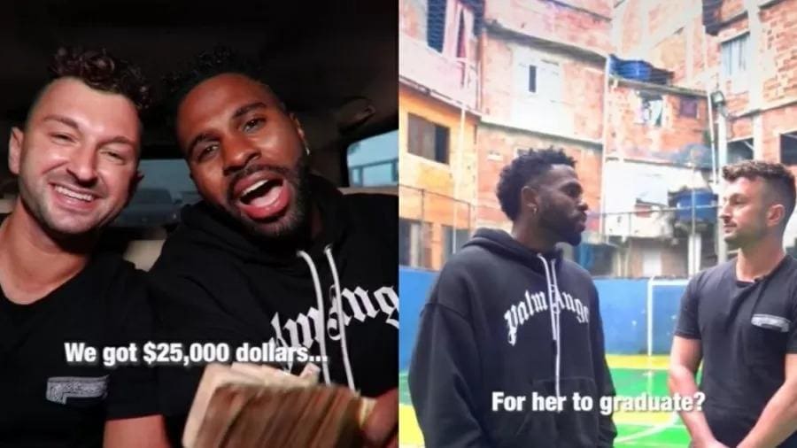 Jason Derulo visita favela no Rio de Janeiro acompanhado de Zachery Dereniowski para fazer a doação