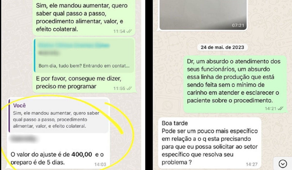 Prints mostram tratamento da clínica e do médico com os pacientes após a colocação do balão