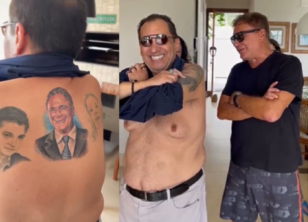 Tatuagens do senador Jorge Kajuru; a mais recente traz o rosto do senador Álvaro Dias