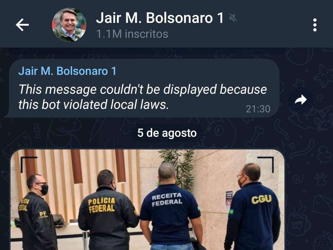 Telegram excluiu mensagem de Jair Bolsonaro após ordem de Alexandre de Moraes