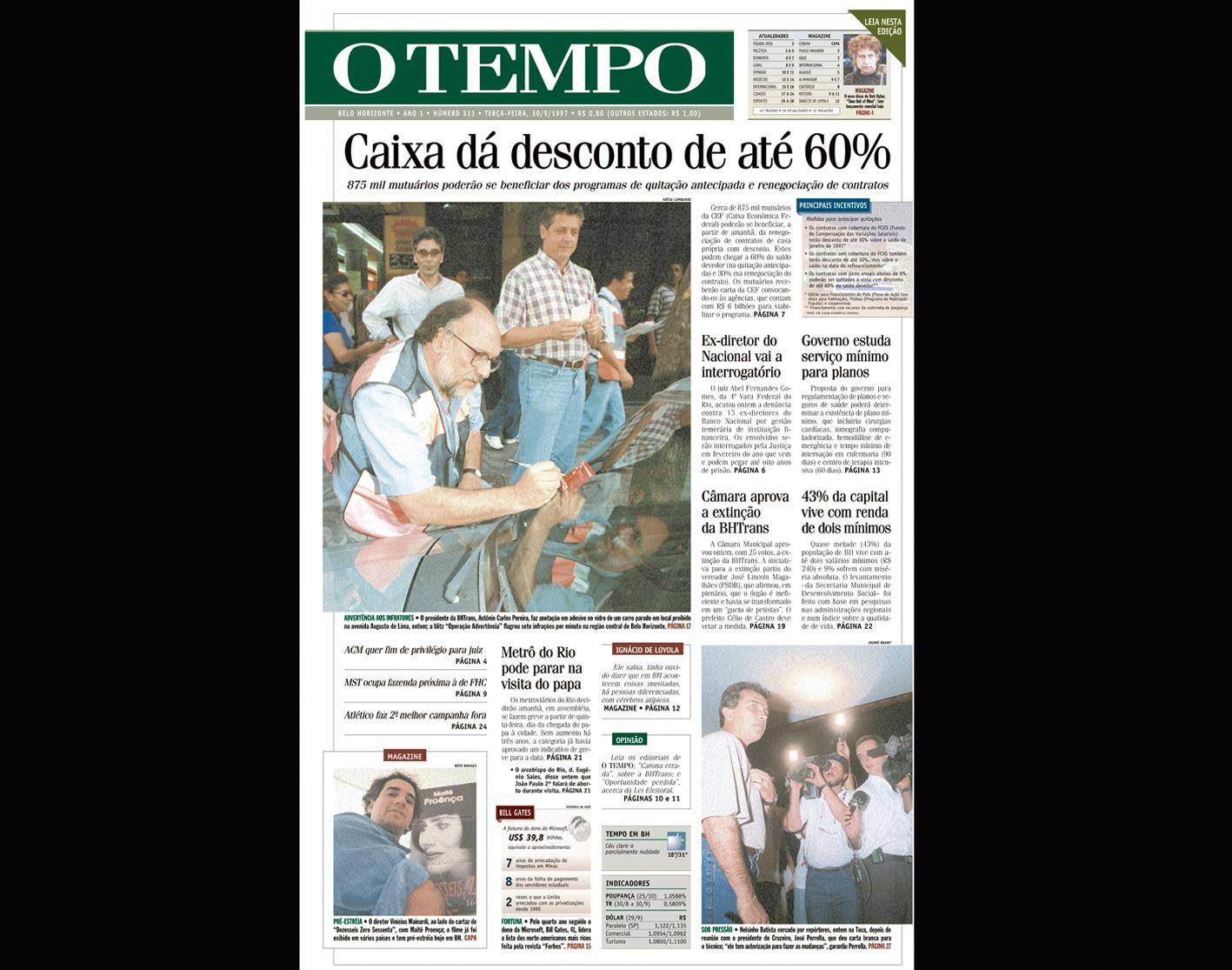 Capa do jornal O TEMPO no dia 30.9.1997; resgate do acervo marca as comemorações dos 25 anos da publicação