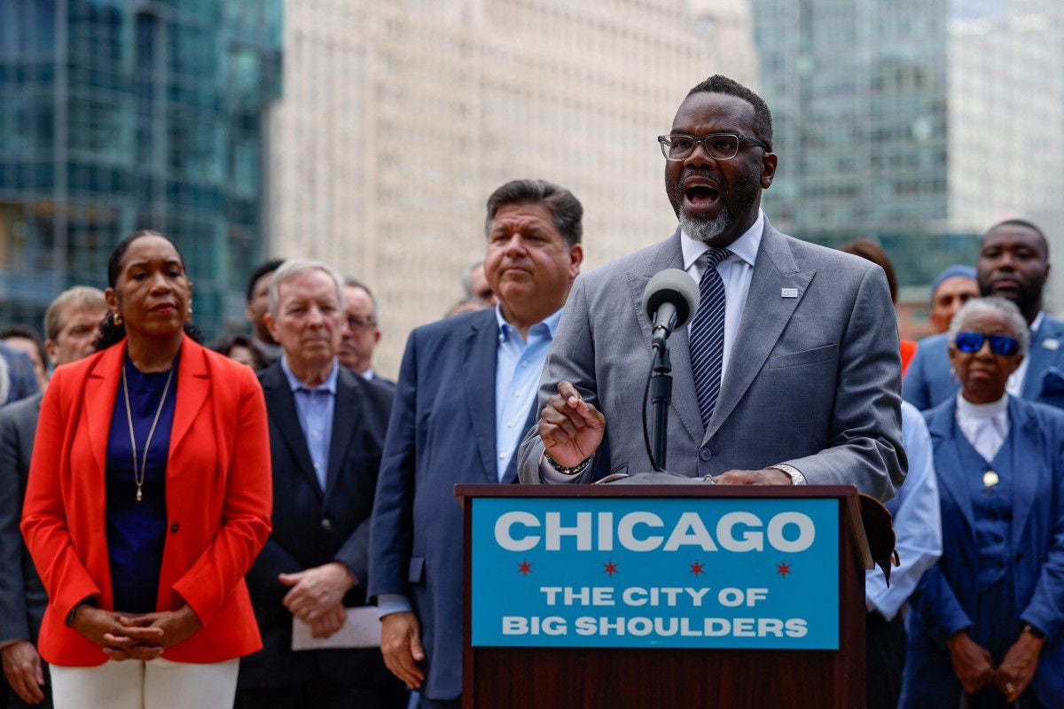 Chicago Mayor Brandon Johnson speaks during a press conference in Chicago, Illinois, on August 25, 2025. US President Donald Trump said he was considering whether to send in the military to the cities of Chicago and Baltimore as he targets a series of Democratic strongholds. He sent the National Guard to Los Angeles -- against the mayor's and governor's wishes -- in June. The president was particularly disparaging of Illinois governor and vocal opponent JB Pritzker, who has strongly rejected any move to send in troops to Chicago. (Photo by KAMIL KRZACZYNSKI / AFP)