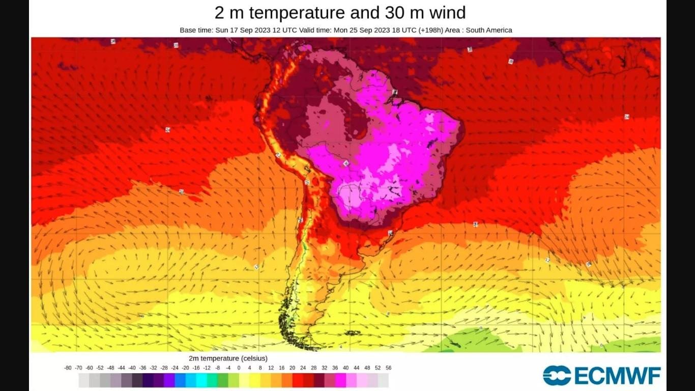 Imagem mostra a previsão de altas temperaturas em Minas Gerais