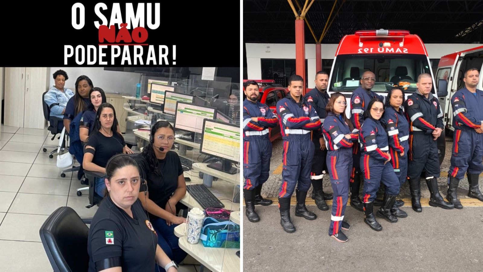 Trabalhadores protestam com faixas nos braços 